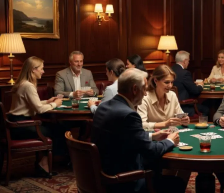 Meghitt, esti kártyaszoba meleg fényekkel és elegáns asztalokkal