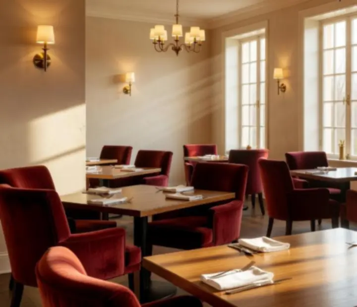 Meghitt, világos bistro belső tér faasztalokkal és meleg hangulatú dizájnnal